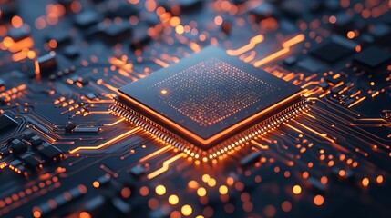 Close up of a computer chip with orange glowing lights on a dark circuit board background view