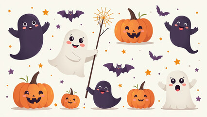 Fototapeta premium cute halloween graphics include ghosts bats pumpkins festive wishes trendy doodle flat design