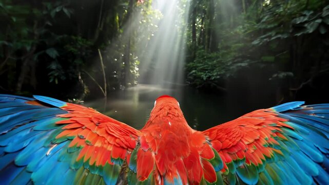 A red macaw flies through the jungle from a first-person perspective. Generative AI video.