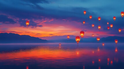 A serene scene of traditional decorations with golden accents and glowing candles on a wooden surface