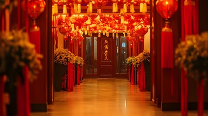 A koi pond at night with red lanterns and golden decorations casting beautiful reflections on the water