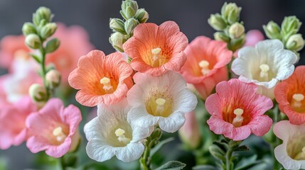 Fototapeta premium Close-up shot of delicate Snapdragon flowers, showcasing their vibrant colors and intricate details. The blossoms are a mix of soft pinks, oranges and whites, creating a stunning floral arrangement.