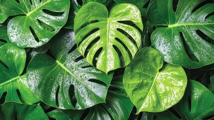 Lush Green Monstera Deliciosa Leaves with Dew Drops