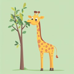 Fototapeta premium 2d cartoon giraffe eating leaves from tall tree nature scene playful environment whimsical viewpoint