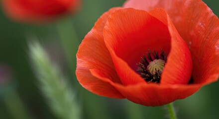 Fototapeta premium Close-up of vibrant red poppy blooming in a lush green garden setting