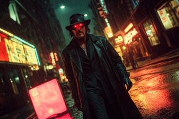 Obraz premium Cyberpunk detective strides through neon-lit rain, scanning city’s dark underbelly