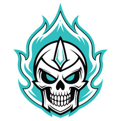 Fiery Skull with Turquoise Flames, Black Outline Isolated on White
