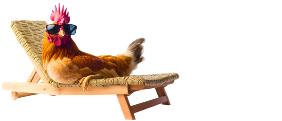 easter / farming /agriculture funny holiday maker: hen in goggles on sunbed; concept of holiday break, spending vacations in hot & relaxing travel destination 