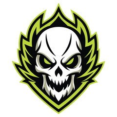 White Skull with Green Flames, Grinning Skull with Glowing Eyes, White Background