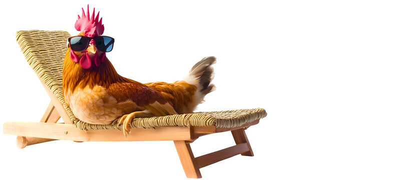 easter / farming /agriculture funny holiday maker: hen in goggles on sunbed; concept of holiday break, spending vacations in hot & relaxing travel destination 