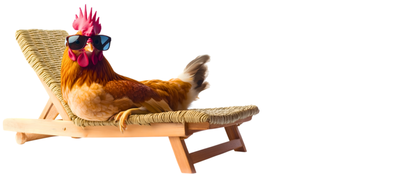 easter / farming /agriculture funny holiday maker: hen in goggles on sunbed; concept of holiday break, spending vacations in hot & relaxing travel destination