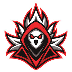 Stylized Grim Reaper Mascot Logo with Red Hood, Intense Red Eyes on White Background