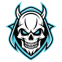 Horned Skull with Turquoise Eyes, Outline Style, Transparent Background Mascot Design