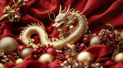 A koi pond with red lanterns and golden decorations casting their reflections on the water creating a peaceful and festive scene