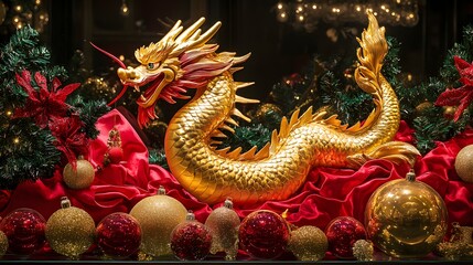 A koi pond with red lanterns and golden decorations casting their reflections on the water creating a peaceful and festive scene