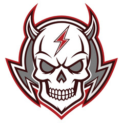 Detailed Skull Devil with Horns, Lightning Bolt and Shield Shape on White Design