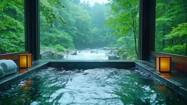 Serene Onsen Bath with Mountain River View