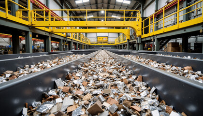 Conveyor belt in a recycling facility with a stream of crushed metals and electronic waste...