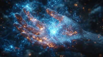 Obraz premium Enchanted Hand: A Digital Symphony of Light and Energy
