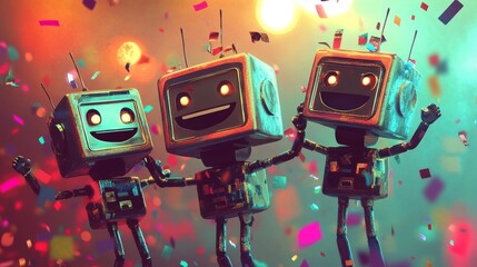 A win is celebrated by three confetti-covered robots, which express joy and a sense of accomplishment in their own mechanical way