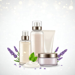 Natural cosmetic products with lavender and cream on sparkly background