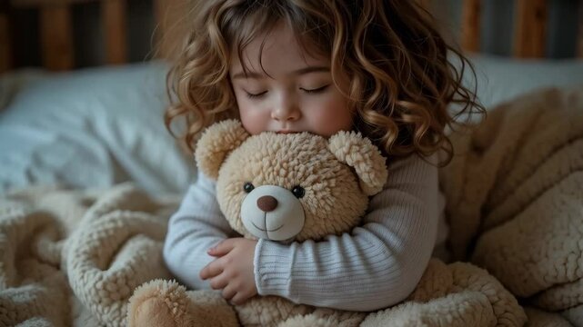Girl Cuddles Teddy Bear in Cozy Bedroom During Soft Morning Light