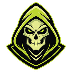 Grim Reaper Mascot Glowing Green Eyes and Hooded Skull on Transparent Background
