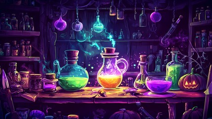 Magical potions in a dark apothecary