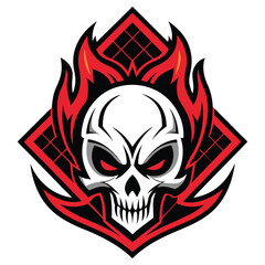 Red Eyed Skull Surrounded by Flames with Diamond Background on White Backdrop