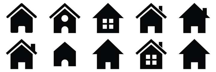  Home icons house symbol. Set of real estate objects and houses black icons isolated on white background. Vector illustration. 