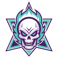 Skull Emblem with Turquoise Flame and Purple Triangle on White Background