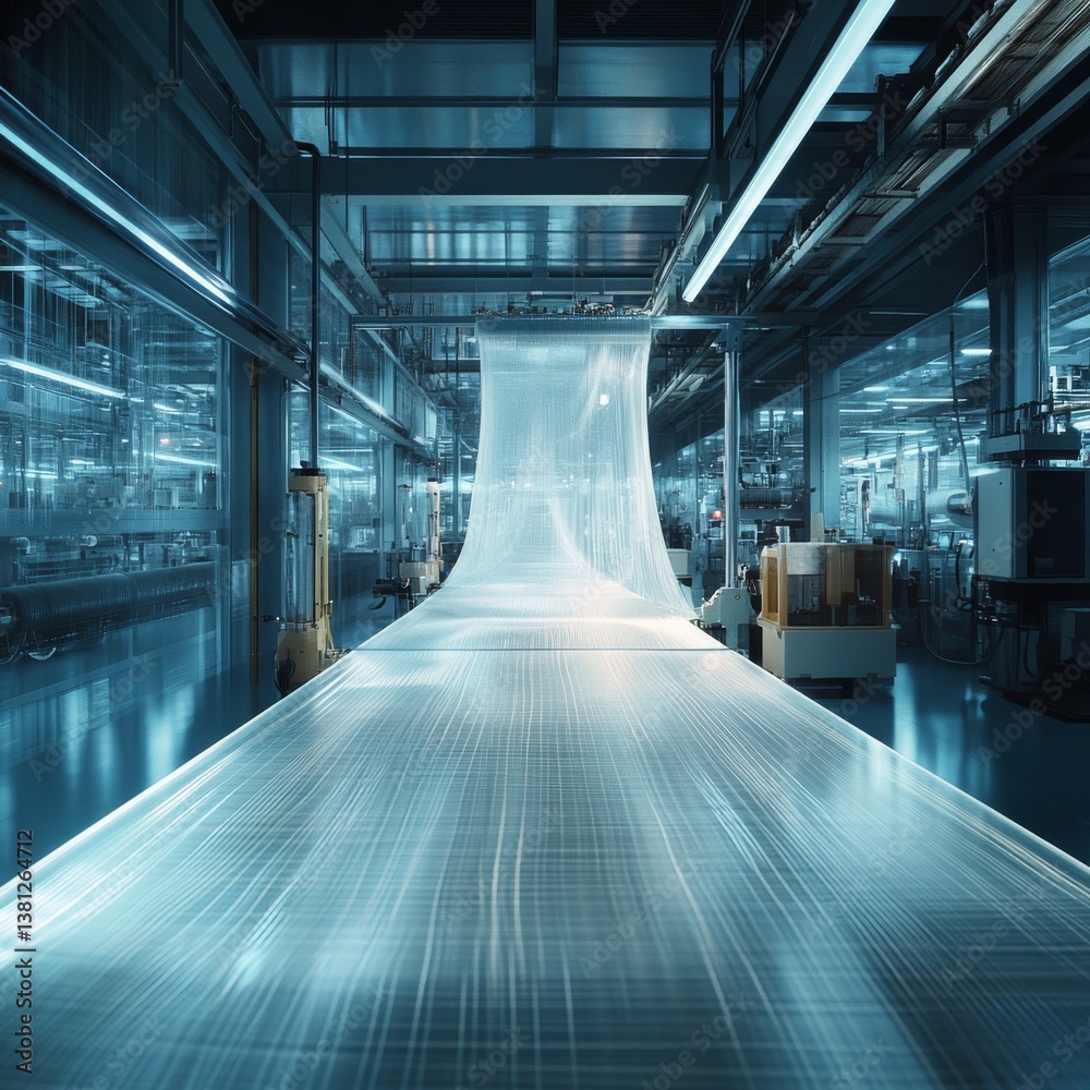 Poster Advanced textile manufacturing in an industrial setting with automated production equipment and quality control.