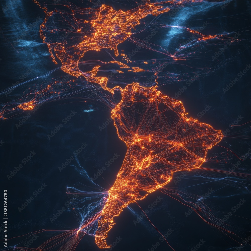 Aufkleber a glowing network: mapping communication & infrastructure across the americas, showcasing a modern g