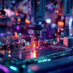 Automated Precision: Close-Up of a Robotic Arm Inspecting a Complex Circuit Board with Neon Lighting.
