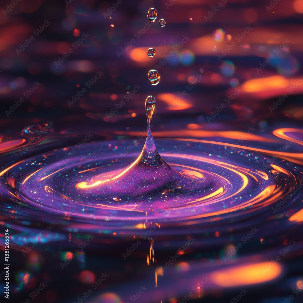Poster Captivating Water Droplets Create Ripples of Cosmic Light and Galaxy Hues, a Mesmerizing Display of Fluid Dynamics