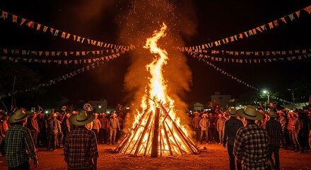 people around a large bonfire wearing hats and typical St. John's Day clothes