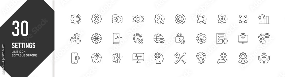 Wall mural settings line icons with editable stroke, representing configuration and optimization
