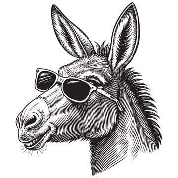 donkey head wearing sunglasses vector engraving illustration