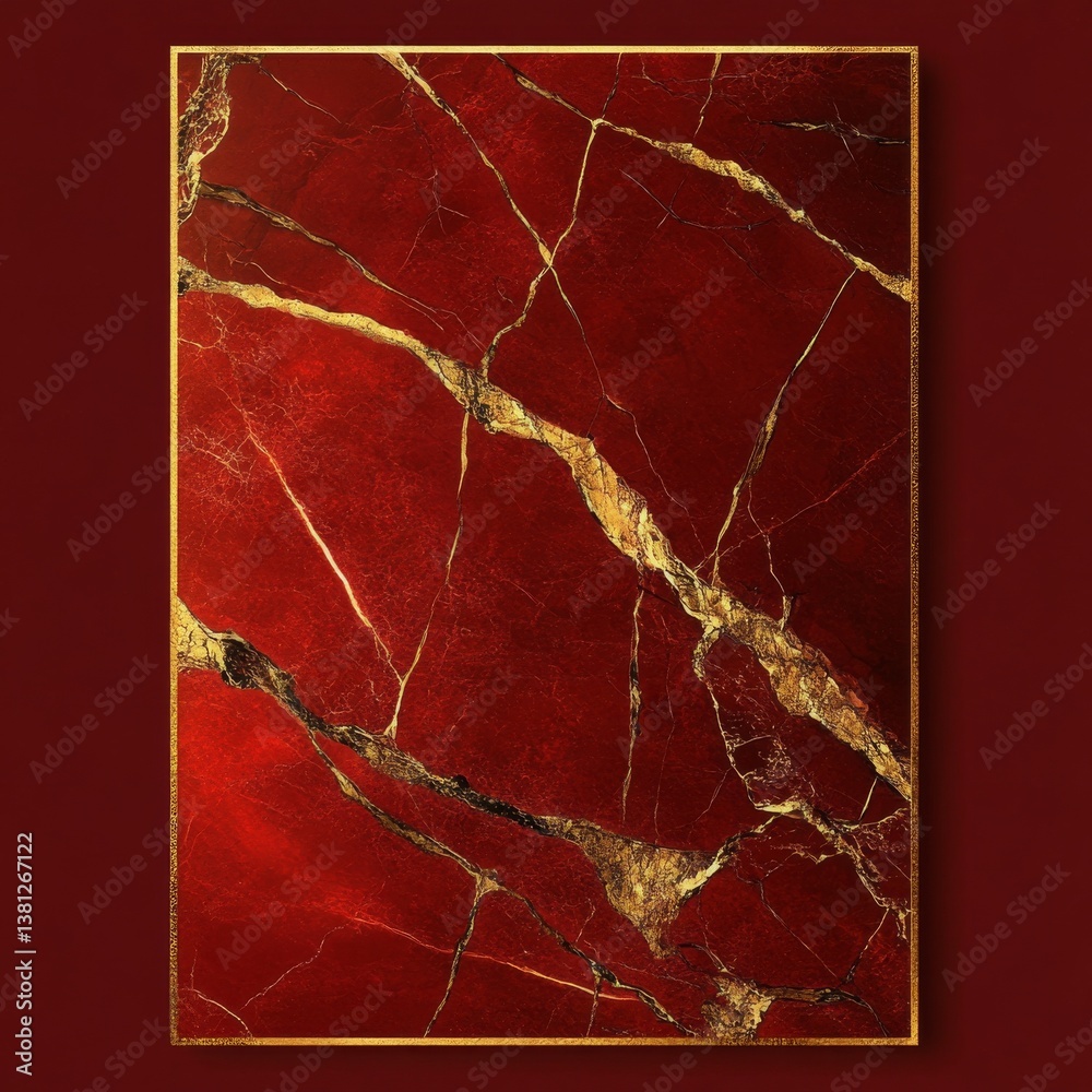 Aufkleber luxurious red marble texture with golden veins and elegant gold frame on a red background
