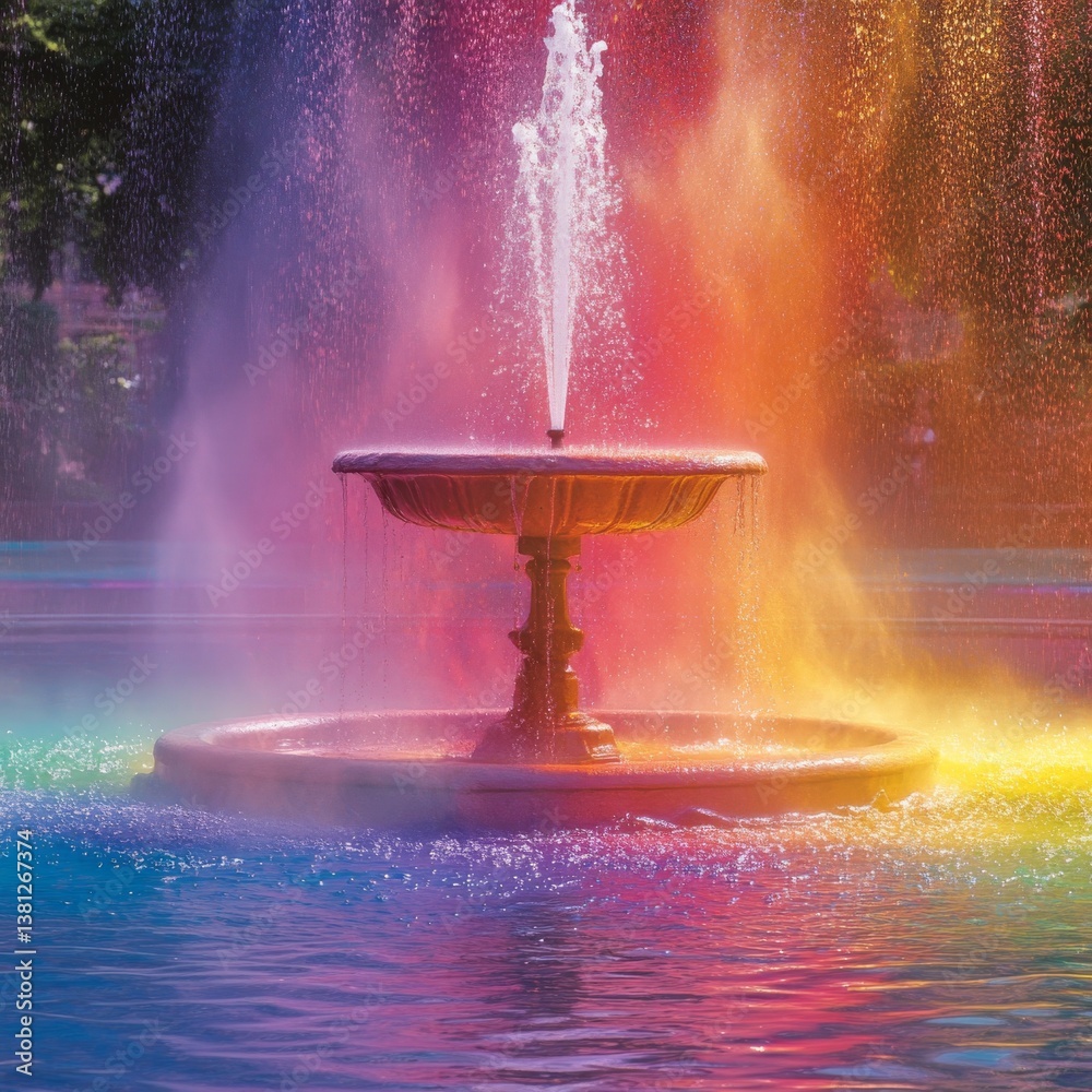 Poster rainbow fountain serenity: a cascade of colors in motion, creating a mesmerizing and peaceful urban 