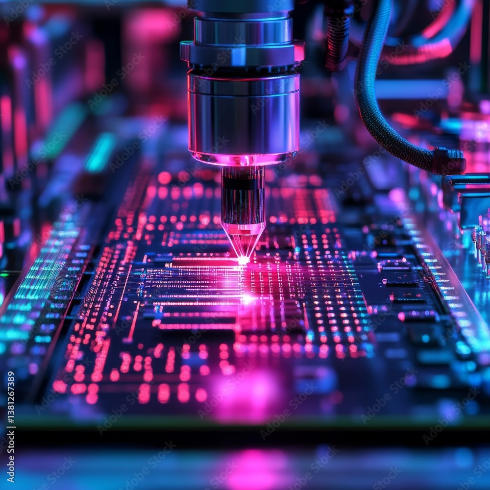 Leinwandbilder precision robotics: advanced manufacturing with cyberpunk aesthetics on a futuristic circuit board