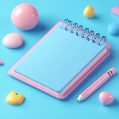 Pastel Dreams: A Minimalist Still Life Featuring Notepad, Pen, and Geometric Shapes on a Blue Surface