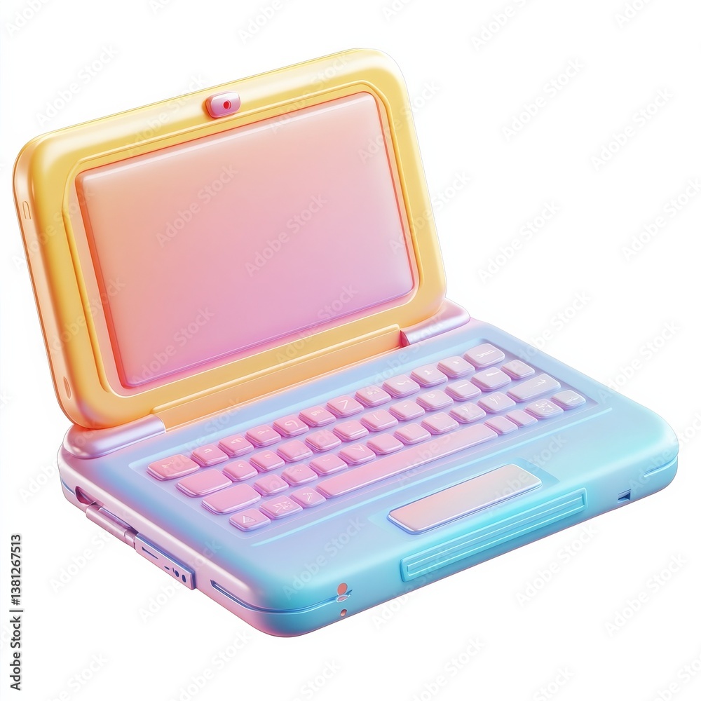 Poster Retro Futuristic Laptop Render with Gradient Colors and Sleek Design, Blending Past Aesthetics with Modern Technology.