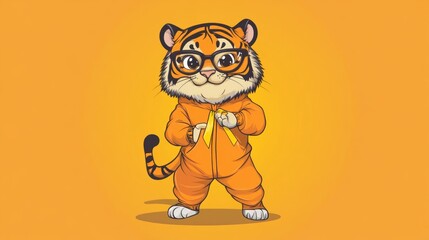 Vector art, a cute tiger in an orange jumpsuit and glasses holding a yellow ribbon on a solid background, a t-shirt design graphic. 2d vector 