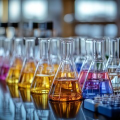 Scientific Experiment: Assorted Colorful Liquids in Erlenmeyer Flasks on a Reflective Lab Counter, Research and Development