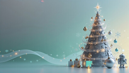 Creative Christmas tree decorated with ornaments and gifts in a modern setting for New Year celebrations