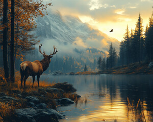 Beautiful hunting scene with wild game. national park scene