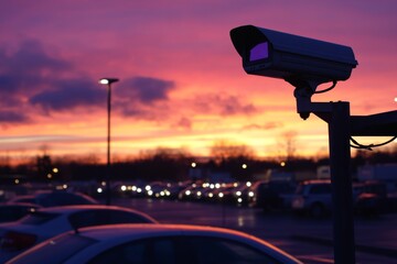 Security camera at dusk over parking lot
