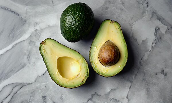 A fresh whole avocado beside two avocado halves, showcasing the seed and creamy flesh.