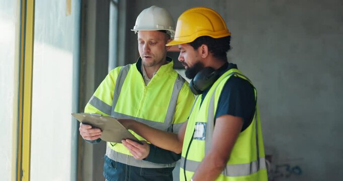 People, architect and talking with clipboard for construction, site inspection and architecture design. Men, document or blueprint checklist, review maintenance and safety compliance and project info